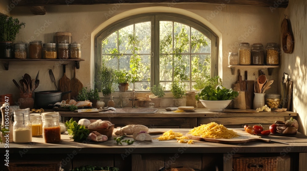 A rustic kitchen bathed in natural light, showcasing fresh ingredients like herbs, pasta, and poultry, ready for a delicious home-cooked meal.