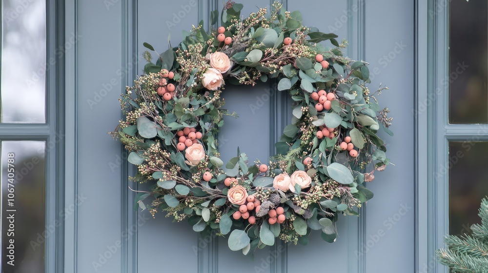 Subtle holiday wreath with muted greens and soft peach berries, hung on a pastel-colored door. Subtle holiday wreath with muted greens and soft peach berries, hung on a pastel-colored door.