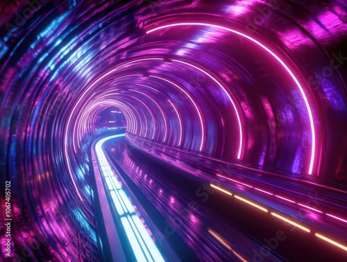 a vibrant neon-lit speed tunnel, with pulsating colors and dynamic lines creating an exhilarating sense of movement, reminiscent of futuristic travel and technological advancement photo