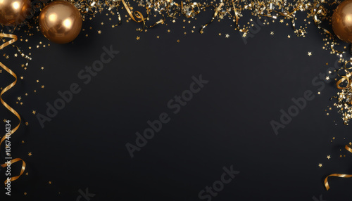 Celebrate New Year with festive decorations, golden ornaments, and sparkling confetti on black background, creating joyful atmosphere