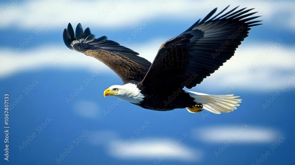 Obraz premium Bald eagle soaring in vast blue sky with white clouds.