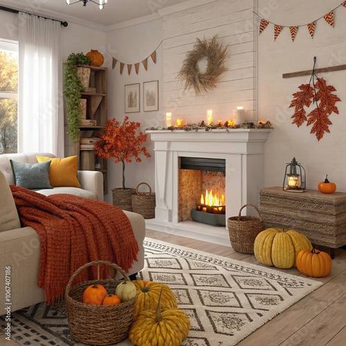 A modern living room decorated for Thanksgiving with pumpkins
