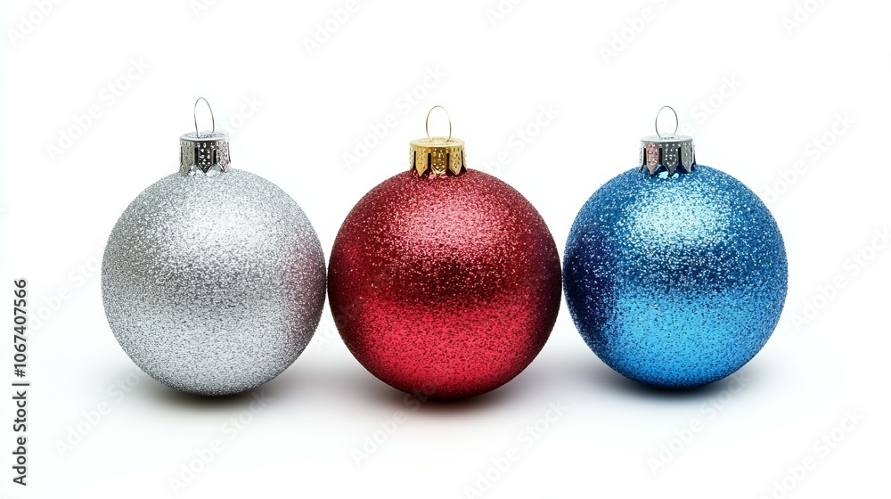 Red, green, gold Christmas balls on white background, festive holiday decor. Red, green, gold Christmas balls on white background, festive holiday decor.