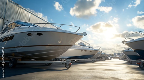 Boats on a trailer in the parking lot of a boat shop

 photo