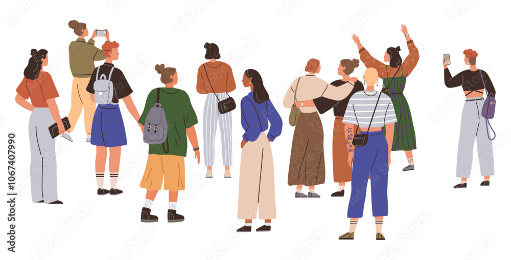 Fototapeta premium Diverse group of people taking photos and celebrating outdoors in casual attire. Ideal for lifestyle, community, diversity, social interactions, outdoor activities. Modern flat vector art style