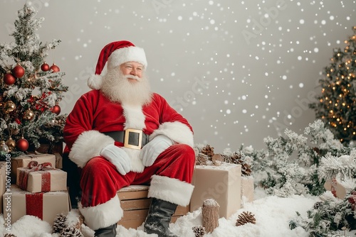 Santa Claus sitting on box, Christmas tree backdrop, festive holiday scene.