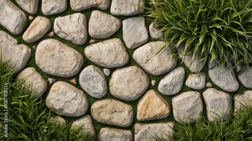 Stone garden path paving stones with green grass growing between rocks