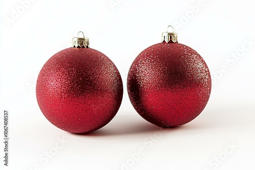 Two red Christmas ornaments on pristine white surface, festive elegant.