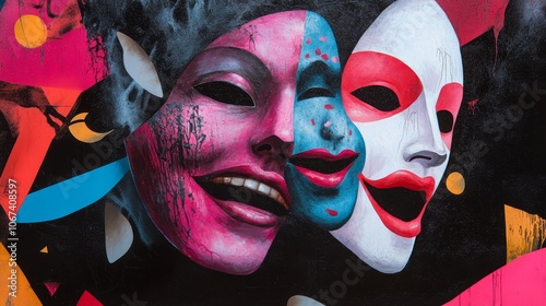 Bold hand-painted poster featuring theatrical masks for avant-garde theater promotion.