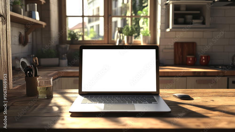A laptop sits open on a wooden desk in a kitchen-like home office, its blank screen waiting for action.