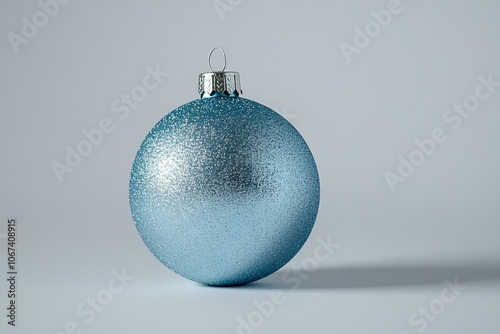 Blue Christmas ornament on gray backdrop, minimalist holiday theme.