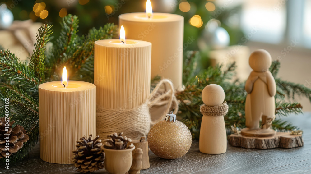 Battery-powered led candles and rustic holiday decor setting Battery-powered led candles and rustic holiday decor setting