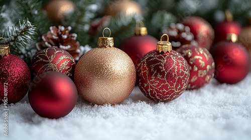 Festive red, gold ornaments sparkle on holiday display, capturing Christmas spirit.