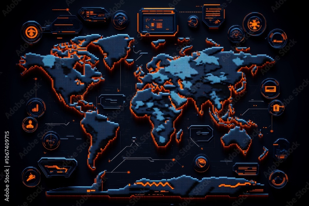 Cyber Pixel Pixel art of a cyber intelligence center with pixelated world map and ...