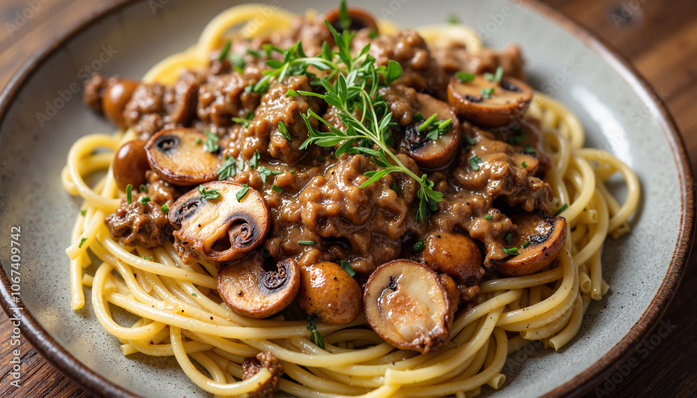 Spaghetti with mushroom and meat sauce on plate Spaghetti with mushroom and meat sauce on plate