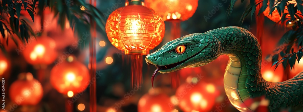 Chinese New Year Celebration: Green Snake with Lanterns and Red Decorations. AI generated illustration Chinese New Year Celebration: Green Snake with Lanterns and Red Decorations. AI generated illustration