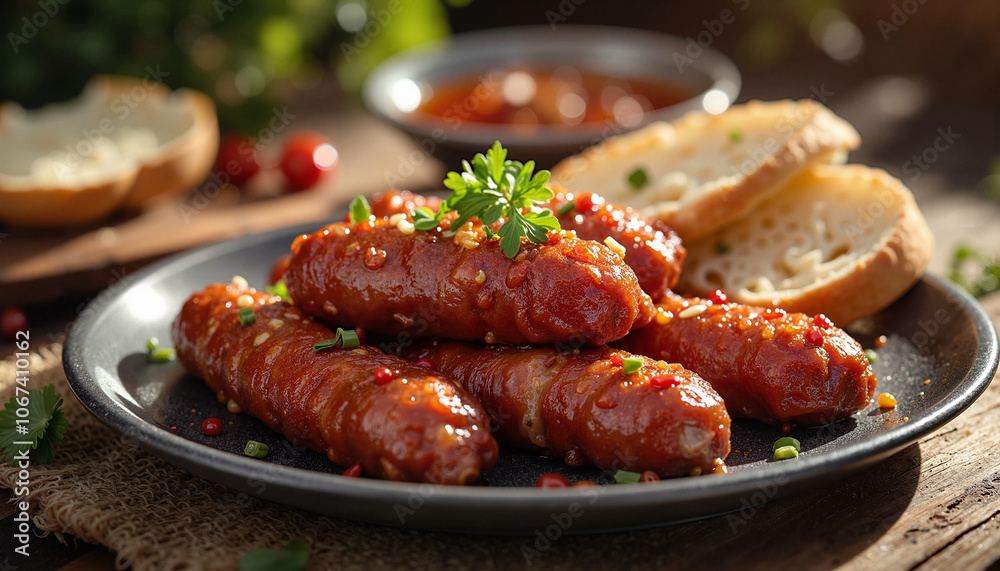 Grilled sausages with sauce on rustic wooden table Grilled sausages with sauce on rustic wooden table
