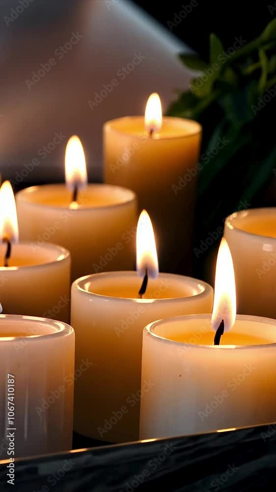 Burning candles create a warm glow in the darkness, filling the space with a soothing and peaceful ambiance. Burning candles create a warm glow in the darkness, filling the space with a soothing and peaceful ambiance.