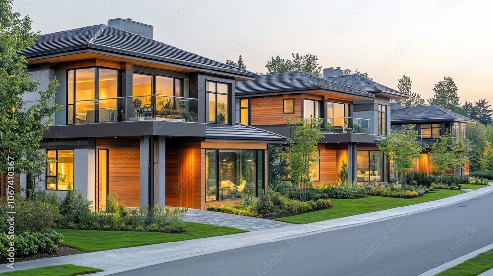 Modern houses with large windows and landscaped surroundings at sunset. Modern houses with large windows and landscaped surroundings at sunset.