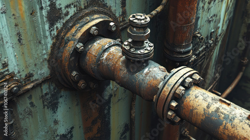 A water pipe made of steel connects to a water tank. The pipe has a flange fitting and a flexible hose. This is a common setup in industrial settings.