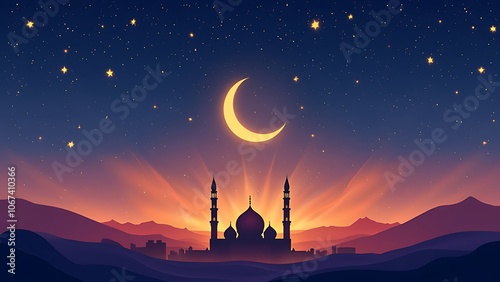 Islamic Art Background with Mosque Domes and Crescent  and Realistic isra miraj background photo