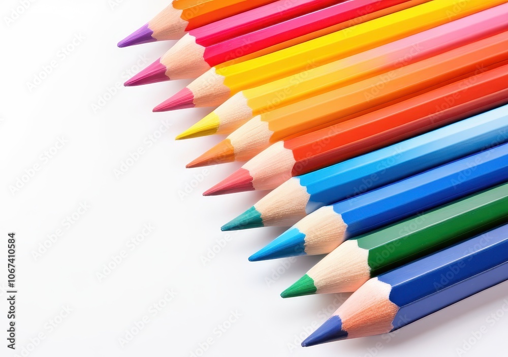 Colored wooden pencils arranged in a gradient on a white background Colored wooden pencils arranged in a gradient on a white background