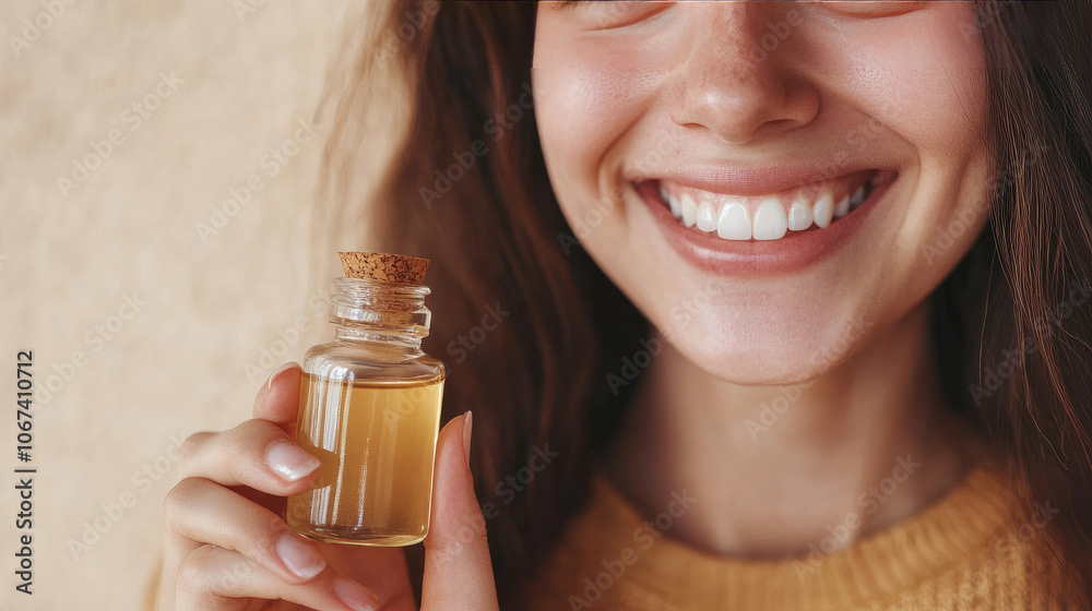Fototapeta premium A young lady wearing a smile has a small, glass bottle near a beige wall. A close-up image.