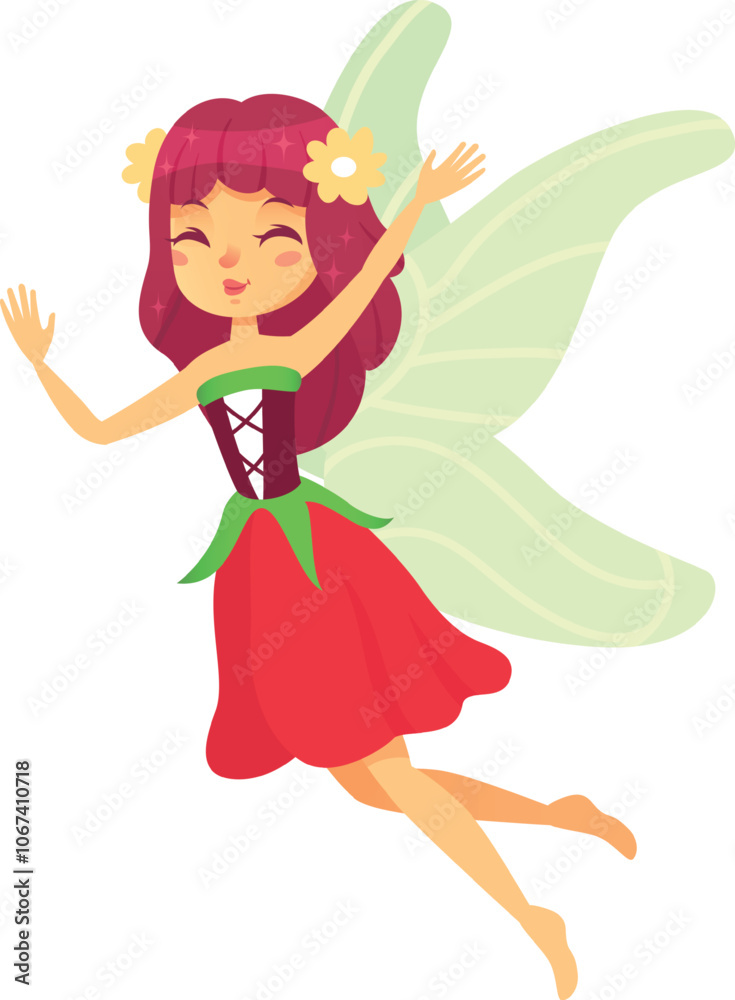 Stunning fairy with fiery red hair and emerald wings gracefully soars, enchanting and bringing joy. She symbolizes freedom and purity, infusing fantasy projects with charm and sophistication