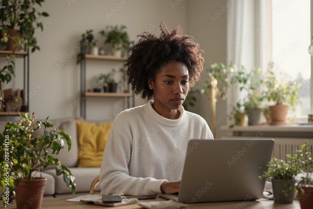 Cozy home office with green plants and focused woman working on laptop. Cozy home office with green plants and focused woman working on laptop.