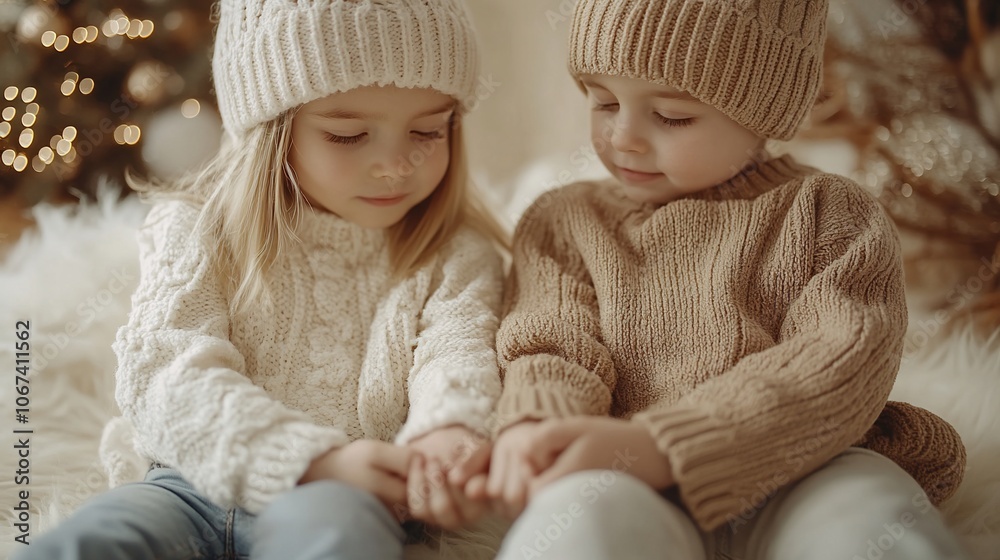 Two young children in winter clothing sitting together, holding hands, in front of a Christmas tree. Two young children in winter clothing sitting together, holding hands, in front of a Christmas tree.