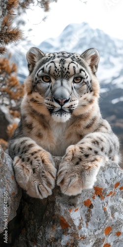 Close-up of a majestic snow leopard lying on a rocky ledge, surrounded by snowy mountains in the background; its fur is detailed and realistic, with deep, piercing eyes that convey the wild intensity