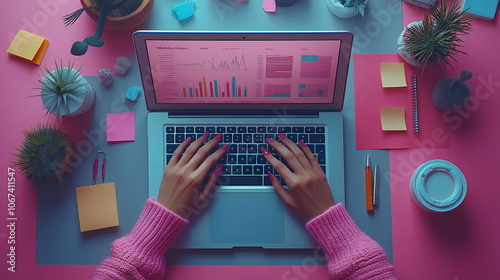 Overhead view of a woman's hands typing on a laptop, with a pink sweater and pink and blue desk decor.