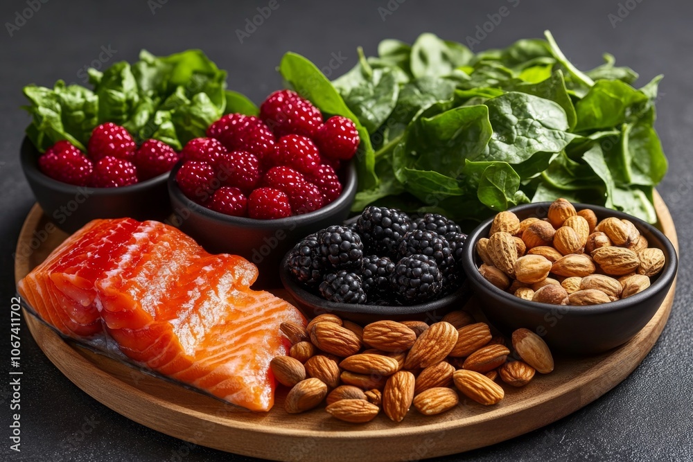 Table spread with salmon, berries, nuts, and leafy greens, capturing a full array of brain-boosting foods Table spread with salmon, berries, nuts, and leafy greens, capturing a full array of brain-boosting foods