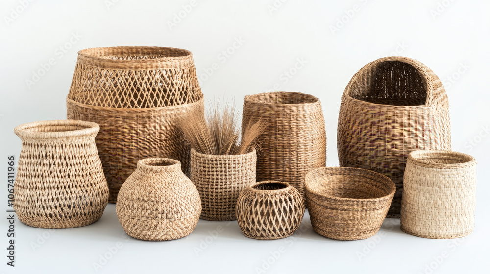 Assorted wicker baskets in various shapes and sizes arranged on a plain white surface.