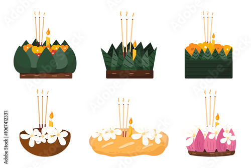 Set of Krathong for Loy Krathong festival, such as banana leaves, flowers, bread, coconut shells