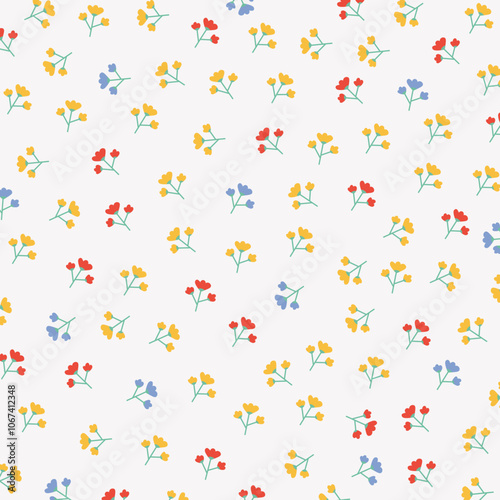Repeating pattern of red yellow and blue flowers scattered across a white background. Ideal for home decor textiles stationery gift wrap and wallpaper. Delicate and whimsical style