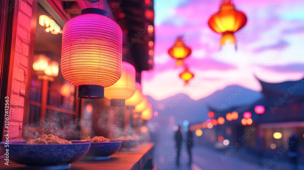 Warm light box illuminating ramen shop outdoor seating area, steaming bowls of ramen, outdoor ramen, casual and inviting. Warm light box illuminating ramen shop outdoor seating area, steaming bowls of ramen, outdoor ramen, casual and inviting.
