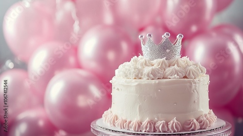 Beautiful Birthday Cake with Silver Crown and Pink Balloons. AI generated illustration