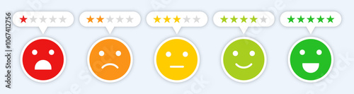 Set of rating emoji vector isolated. Emoji feedback icon with stars rating. Feedback rating emoji icon set in color. Flat design. Vector illustration.