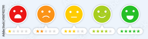 Set of rating emoji with stars isolated. Star rating for a product review. Set of rating emoji vector isolated. Feedback rating emoji icon set in color. Vector illustration.