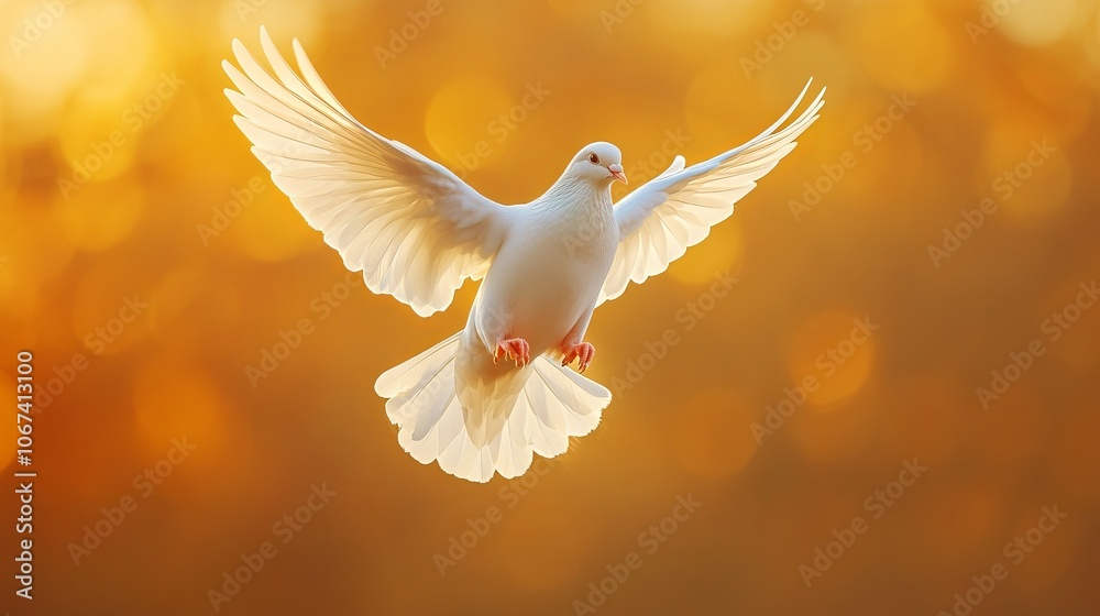 Majestic White Dove in Flight at Sunrise. AI generated illustration Majestic White Dove in Flight at Sunrise. AI generated illustration