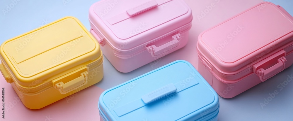 Four colorful small plastic suitcases on pink and blue background. Four colorful small plastic suitcases on pink and blue background.