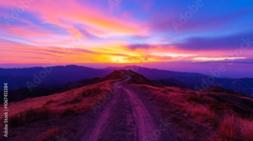 Sunset ridge hike with vibrant orange and pink hues filling the sky, illuminated by a lightbox, [breathtaking and tranquil]