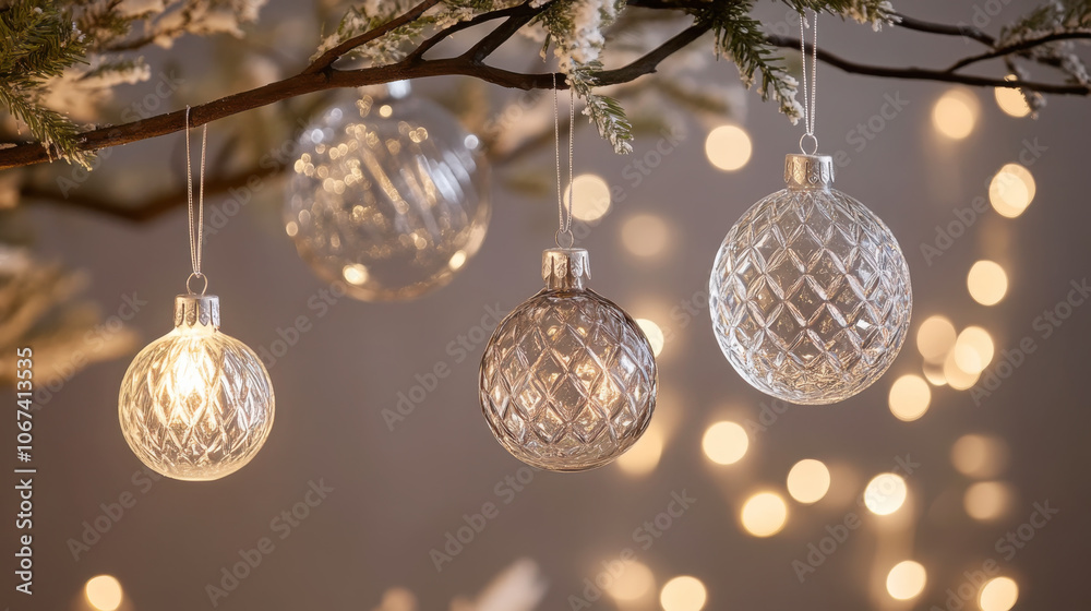 Elegant traditional german glass ornaments on a holiday tree branch for christmas decor