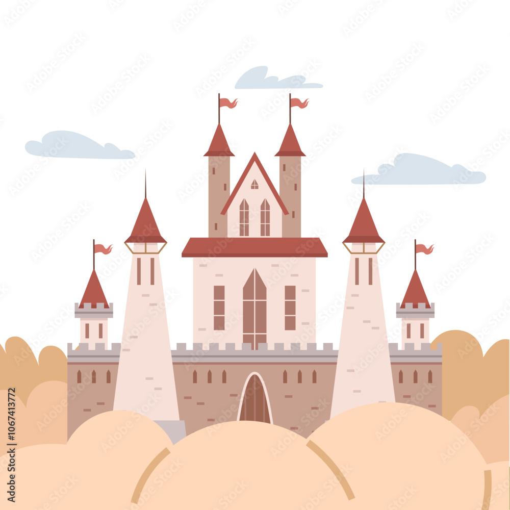 A detailed castle with red rooftops and multiple towers stands majestically. Surrounded by fluffy clouds and distant trees. Ideal for historical, fantasy, fairy tales, children stories, medieval A detailed castle with red rooftops and multiple towers stands majestically. Surrounded by fluffy clouds and distant trees. Ideal for historical, fantasy, fairy tales, children stories, medieval