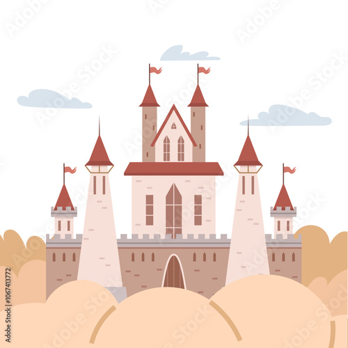 A detailed castle with red rooftops and multiple towers stands majestically. Surrounded by fluffy clouds and distant trees. Ideal for historical, fantasy, fairy tales, children stories, medieval