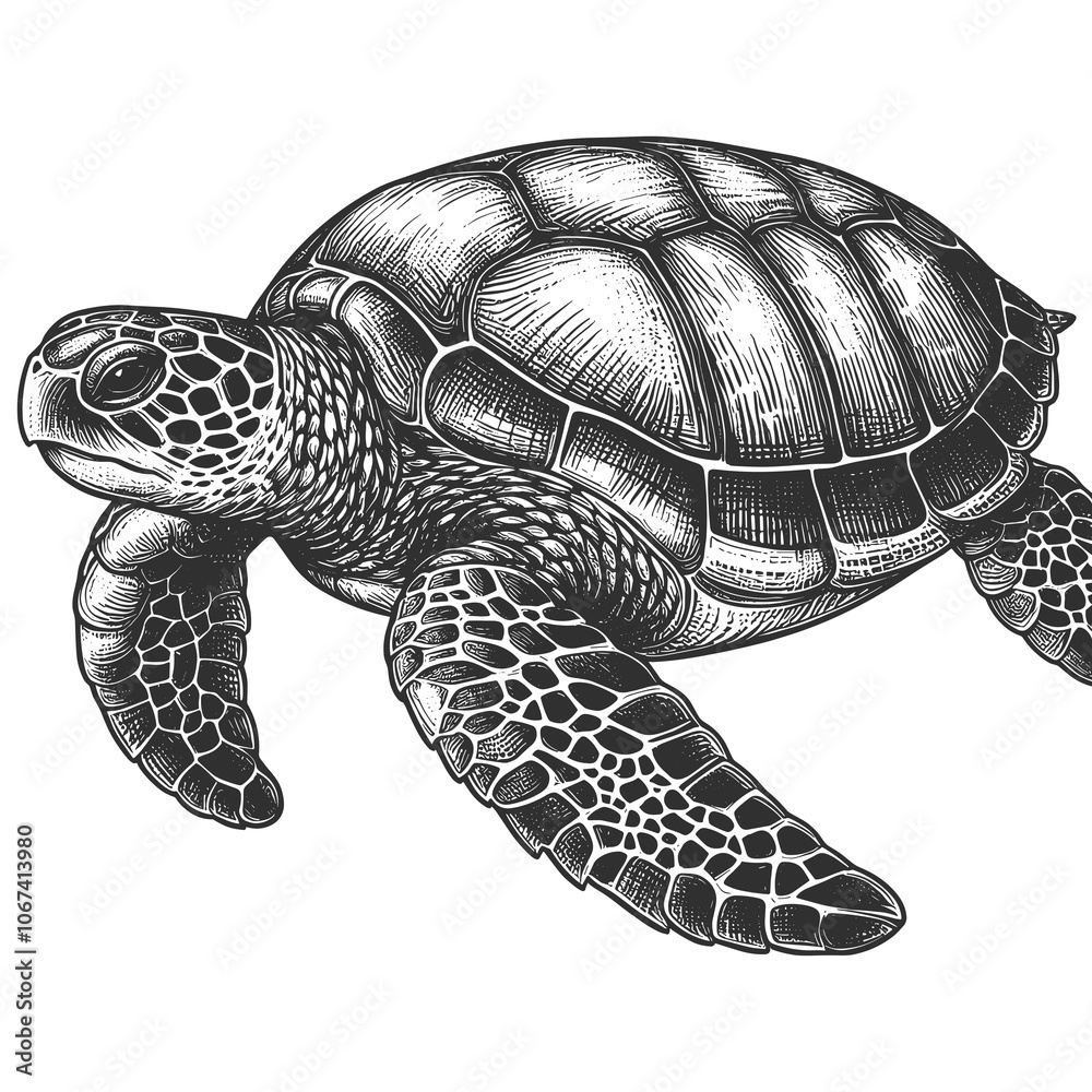 Fototapeta premium A hand-drawn sketch of a sea turtle sketch engraving generative ai fictional character raster illustration is presented as a vector illustration