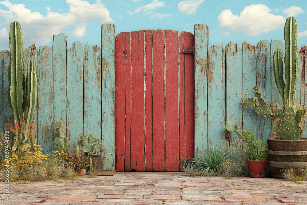Fototapeta premium Rustic Red Gate Surrounded by Cacti and Flowers