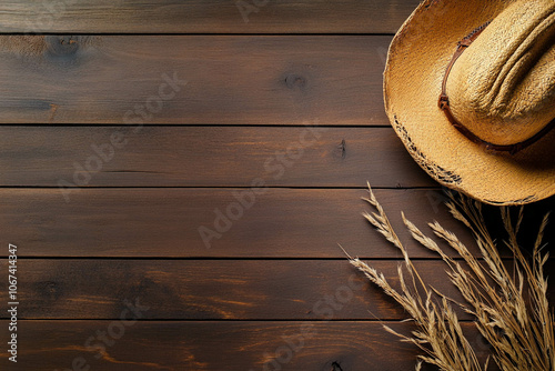 Rustic Straw Hat and Dried Grass on Wooden Table