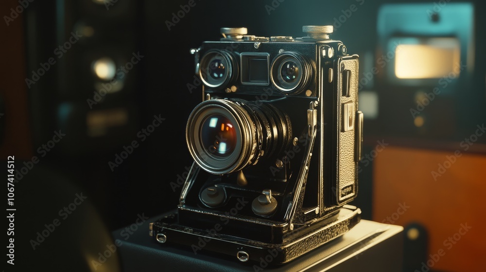 Intricate design of classic twin-lens reflex camera softly highlighted by light box, retro style twin-lens camera shot.